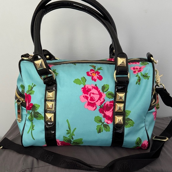 Betsey Johnson Handbags - Betsey Johnson Turquoise Satchel with Pink Rose Print